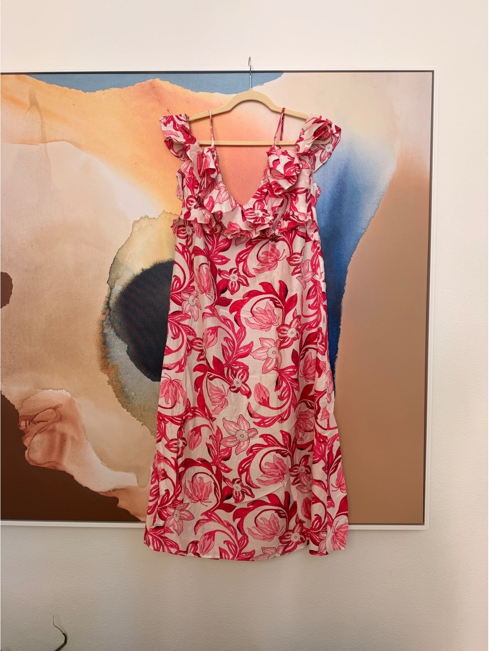 H&M Floral Ruffle Midi Dress in Pink and White, Size M